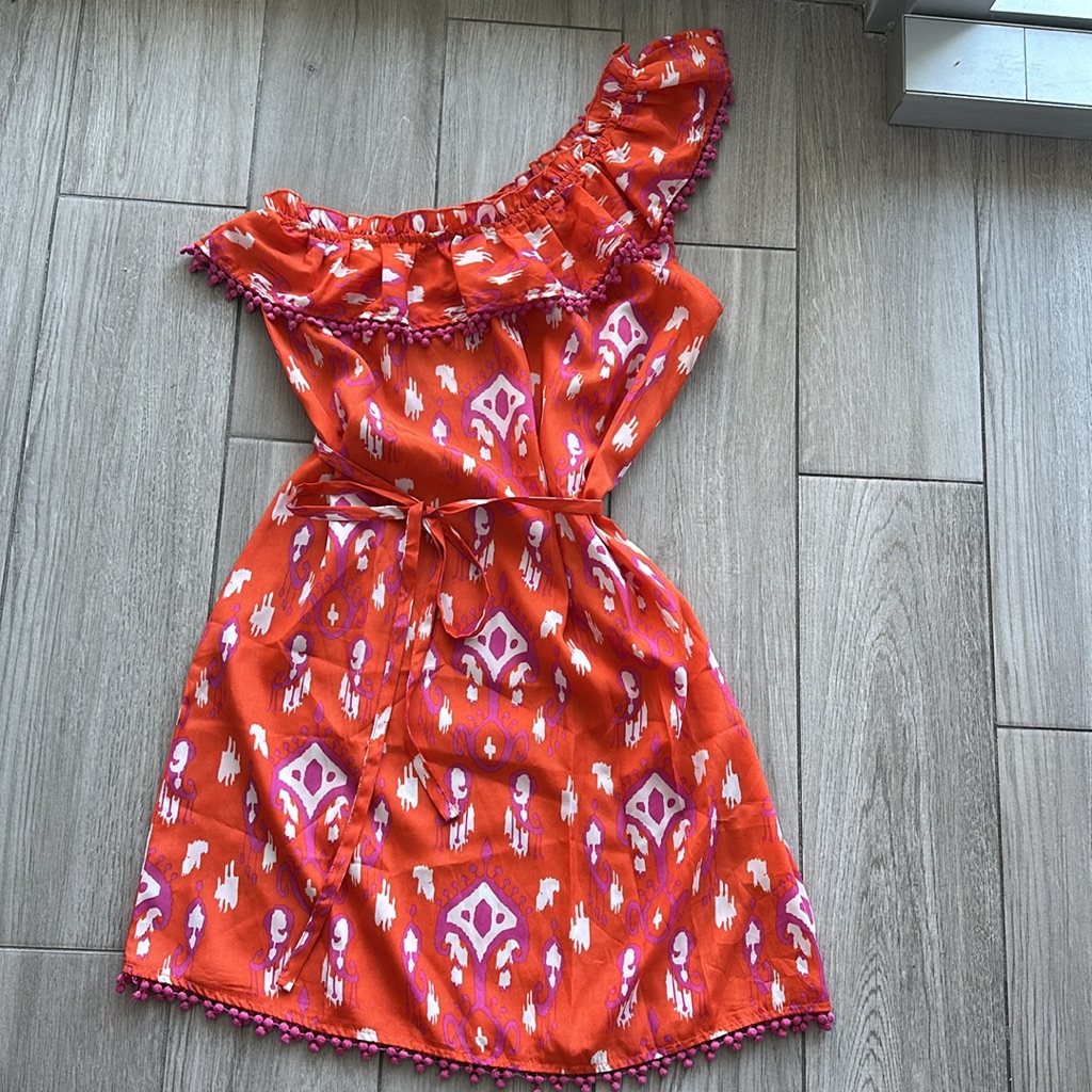 Mud Pie One Shoulder Ikat Print Orange/Pink Dress